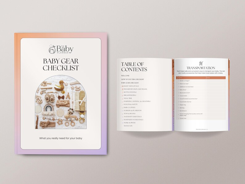May include: A pink and orange checklist booklet with the title "Baby Gear Checklist" and a table of contents. The cover features a collage of baby items in a light brown and white color scheme.