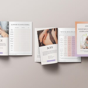 May include: A postpartum planning guide and workbook with a pink and purple cover. The cover features a photo of a mother holding her baby. The title of the book is "Postpartum Planning Guide & Workbook".