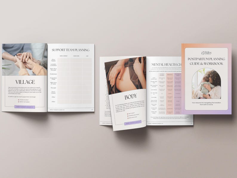 May include: A postpartum planning guide and workbook with a pink and purple cover. The cover features a photo of a mother holding her baby. The title of the book is "Postpartum Planning Guide & Workbook".