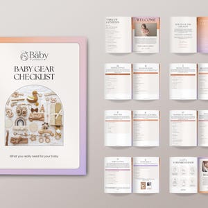 May include: A pink and orange checklist booklet with the title "Baby Gear Checklist" and a photo of baby items on the cover. The checklist includes sections for "Table of Contents", "Welcome", "How to Use This Checklist", "Diaper Bag Essentials", "Sleeping & Swaddling", "Feeding & Nursing", "Clothing & Accessories", "Health & Safety", "Baby Carriers & Slings", "Bath Time & Grooming", "Room Essentials", "Toys & Play", "First Aid & Medications", "Transportation", "Other Essentials", "Important Numbers", and "Best Wishes".