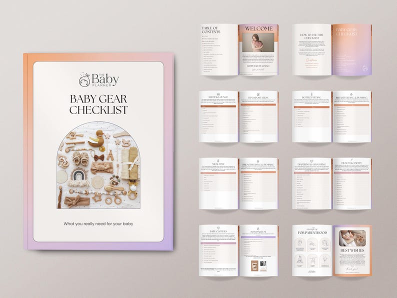 May include: A pink and orange checklist booklet with the title "Baby Gear Checklist" and a photo of baby items on the cover. The checklist includes sections for "Table of Contents", "Welcome", "How to Use This Checklist", "Diaper Bag Essentials", "Sleeping & Swaddling", "Feeding & Nursing", "Clothing & Accessories", "Health & Safety", "Baby Carriers & Slings", "Bath Time & Grooming", "Room Essentials", "Toys & Play", "First Aid & Medications", "Transportation", "Other Essentials", "Important Numbers", and "Best Wishes".