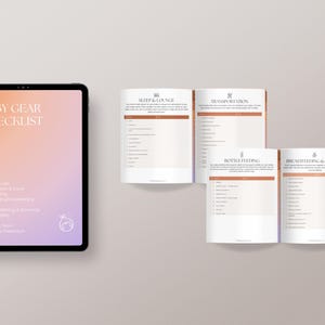 May include: A digital tablet displaying a checklist for baby gear. The checklist is titled "Baby Gear Checklist" and includes categories such as "Sleep & Lounge", "Transportation", "Bottle Feeding", and "Breastfeeding & Pumping".