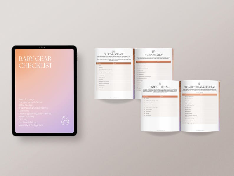 May include: A digital tablet displaying a checklist for baby gear. The checklist is titled "Baby Gear Checklist" and includes categories such as "Sleep & Lounge", "Transportation", "Bottle Feeding", and "Breastfeeding & Pumping".