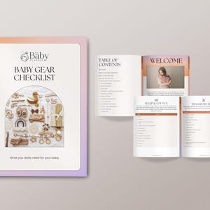 May include: A pink and orange baby gear checklist with a photo of baby items on the cover. The checklist includes sections for sleep and lounge, transportation, and more.