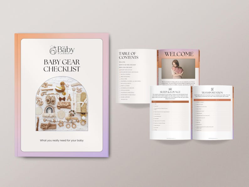 May include: A pink and orange baby gear checklist with a photo of baby items on the cover. The checklist includes sections for sleep and lounge, transportation, and more.