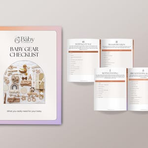 May include: A printable checklist for baby gear, with a cover image of a variety of baby items in a neutral color scheme. The checklist includes categories for sleep and lounge, transportation, bottle feeding, and breastfeeding and pumping.