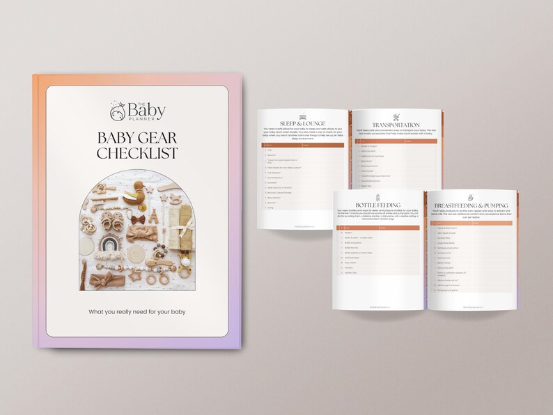 May include: A printable checklist for baby gear, with a cover image of a variety of baby items in a neutral color scheme. The checklist includes categories for sleep and lounge, transportation, bottle feeding, and breastfeeding and pumping.