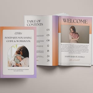 May include: A pink and purple guide and workbook titled "Postpartum Planning Guide & Workbook" with a photo of a mother holding a baby. The cover features a floral design and the text "Baby Planning".