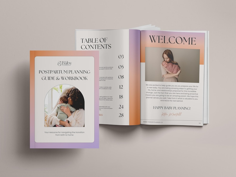 May include: A pink and purple guide and workbook titled "Postpartum Planning Guide & Workbook" with a photo of a mother holding a baby. The cover features a floral design and the text "Baby Planning".