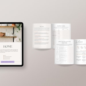 May include: A digital guide for home management with sections for meals, home tasks, ground rules for visitors, and a welcome section. The cover image shows a kitchen with shelves and a plant.