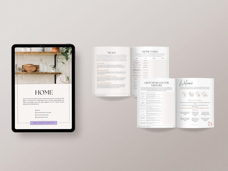 May include: A digital guide for home management with sections for meals, home tasks, ground rules for visitors, and a welcome section. The cover image shows a kitchen with shelves and a plant.
