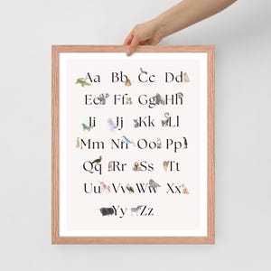 May include: A framed alphabet art print featuring the letters A through Z, each accompanied by a watercolor illustration of an animal. The print is in a light-colored frame and held by a person.