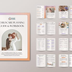 May include: A pink and orange cover for a childcare planning guide and workbook. The cover features a photo of a mother holding her child in the air. The text on the cover reads "Baby Planner Childcare Planning Guide & Workbook".