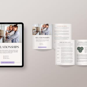 May include: A digital tablet displaying a page titled "Relationships" with a photo of a woman holding a baby. The page lists tips for building strong relationships. The tablet is on a light grey surface.