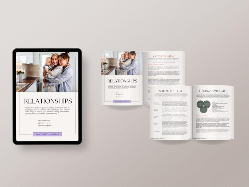 May include: A digital tablet displaying a page titled "Relationships" with a photo of a woman holding a baby. The page lists tips for building strong relationships. The tablet is on a light grey surface.