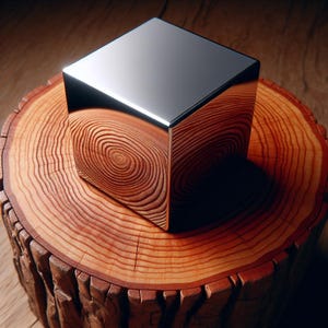May include: A shiny, silver cube sits on a wooden stump with concentric rings. The cube reflects the wood grain.