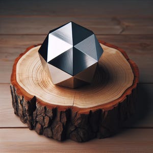 May include: A silver geometric shape, resembling a dodecahedron, sits on a wooden tree stump. The shape has a polished, reflective surface.