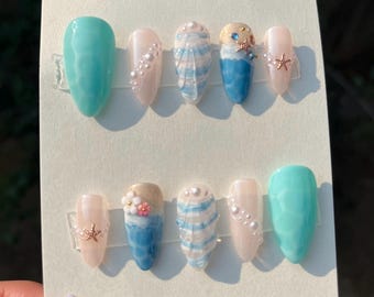 Beach summer Nails| Gel Press on set| Handmade Nails| Nail Art