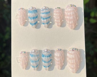 Seashell nails| Gel Press on set| Handmade Nails| Nail Art