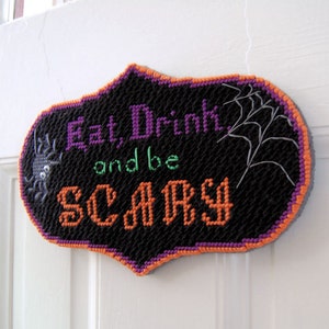 PATTERN: Eat, Drink, and Be Scary Halloween Plastic Canvas Wall Hanging Pattern image 1