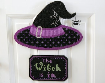 PATTERN: The Witch Is In Halloween Plastic Canvas Wall Hanging