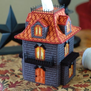 PATTERN: Haunted House Tissue Box Cover in Plastic Canvas