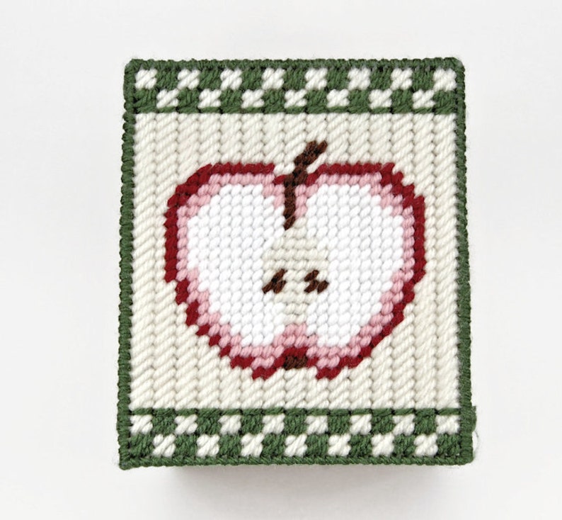 May include: A white and green needlepoint tissue box cover with a red and pink apple design.