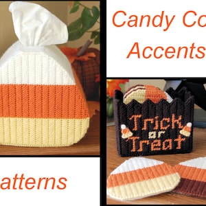 May include: Candy corn themed crochet patterns for a tissue box cover, a small storage box with "Trick or Treat" text, and two coasters. The patterns are in orange, white, and yellow.