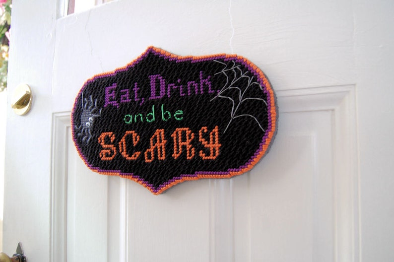 PATTERN: Eat, Drink, and Be Scary Halloween Plastic Canvas Wall Hanging Pattern image 1