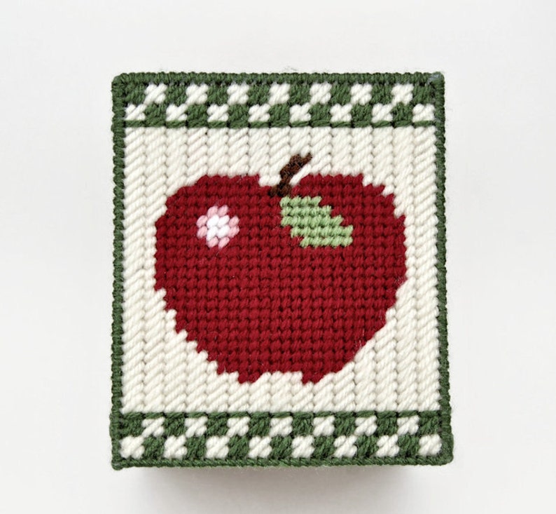 May include: A red apple with a green leaf and a white flower embroidered on a white canvas with a green and white checkered border.