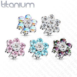 Implant Grade Titanium Threadless Push In CZ Flower With Bezel Set Center and Prong Set Petals Top, Nose, Cartilage, Lip, Conch,Tragus