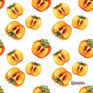 May include: Watercolor illustration of persimmons on a white background. The image features a repeating pattern of whole and halved persimmons, showcasing their orange and yellow hues, with green leaves. The design is suitable for fabric or wallpaper.