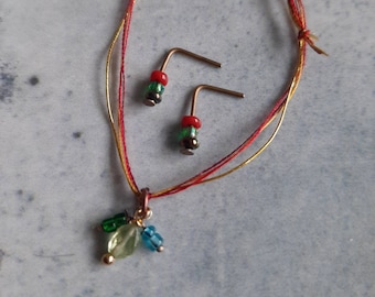 Gold Green Red Jewellery SET - crystal pendant necklace and earrings for 1:6 and 16" dolls