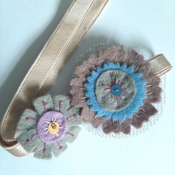 Folk Felt Flower HEADBAND in Dove Gray and Lilac