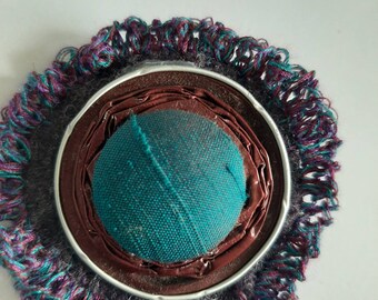 Teal silk button & Burgundy nespresso cap BROOCH with crochet frame OOAK