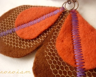 Felt peacock feather Earrings in Sepia and Orange