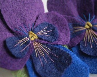 PANSY Brooch in Sapphire blue, Purple and Indigo felt blossom, corsage, embroidered