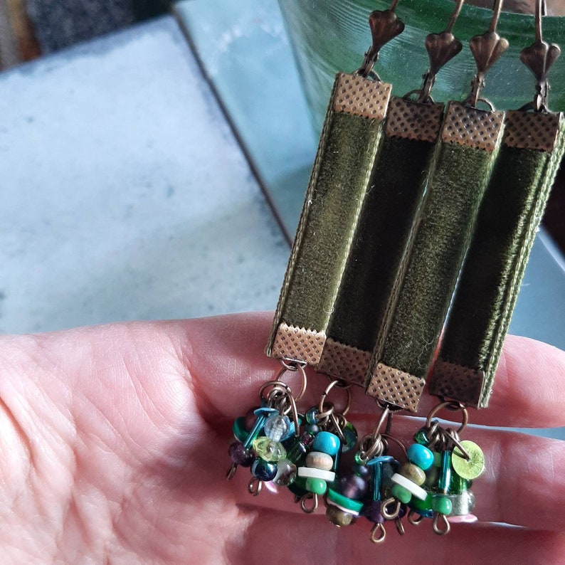 Moss green velver earrings w/ beaded cluster 1 image 5