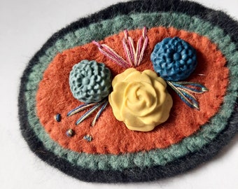 Faux Cameo - Flower cabochon and felt - vintage folk styled brooch