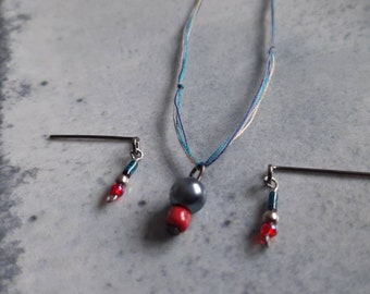 Jewellery SET in Indigo & Red w Pearl pendant necklace and dangly earrings for 1:6 and 16" dolls