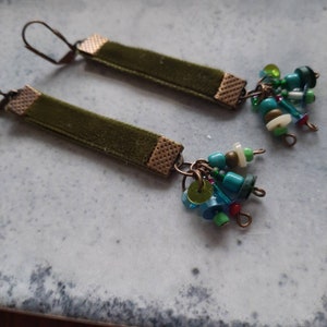 Moss green velver earrings w/ beaded cluster 1 image 8