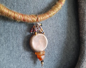 Ochre and Khaki Tube necklace with copper & resistor Pendant