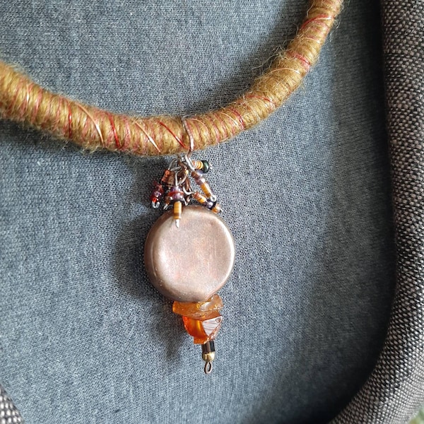 Ochre and Khaki Tube necklace with copper & resistor Pendant