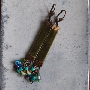 Moss green velver earrings w/ beaded cluster 1 image 1