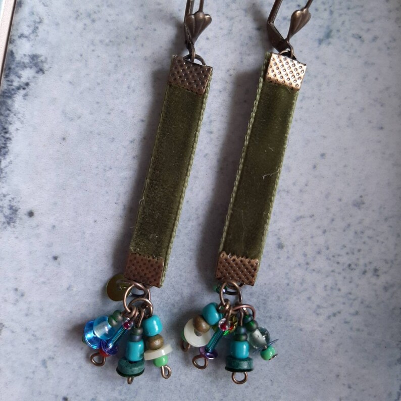 Moss green velver earrings w/ beaded cluster 1 image 7