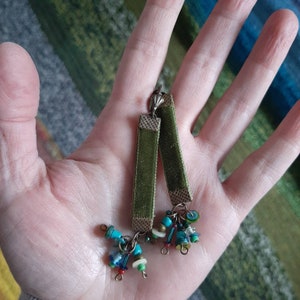 Moss green velver earrings w/ beaded cluster 1 image 6