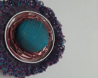 Teal & Burgundy nespresso pod BROOCH with crochet frame OOAK