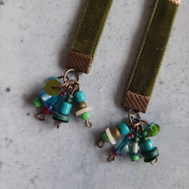 Moss green velver earrings w/ beaded cluster 1 image 2