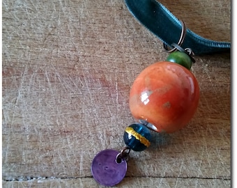 Ceramic and glass beads Pendant on Velvet ribbon necklace