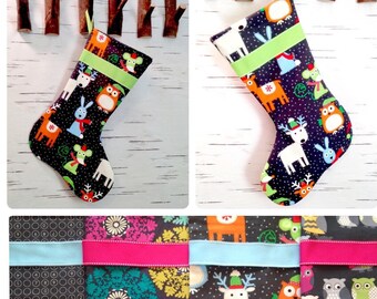 Made to Order - Modern Christmas Stocking in Charcoal Grey with Pink, Blue, Lime Green accents and Ribbon, Pick One with Optional Embroidery